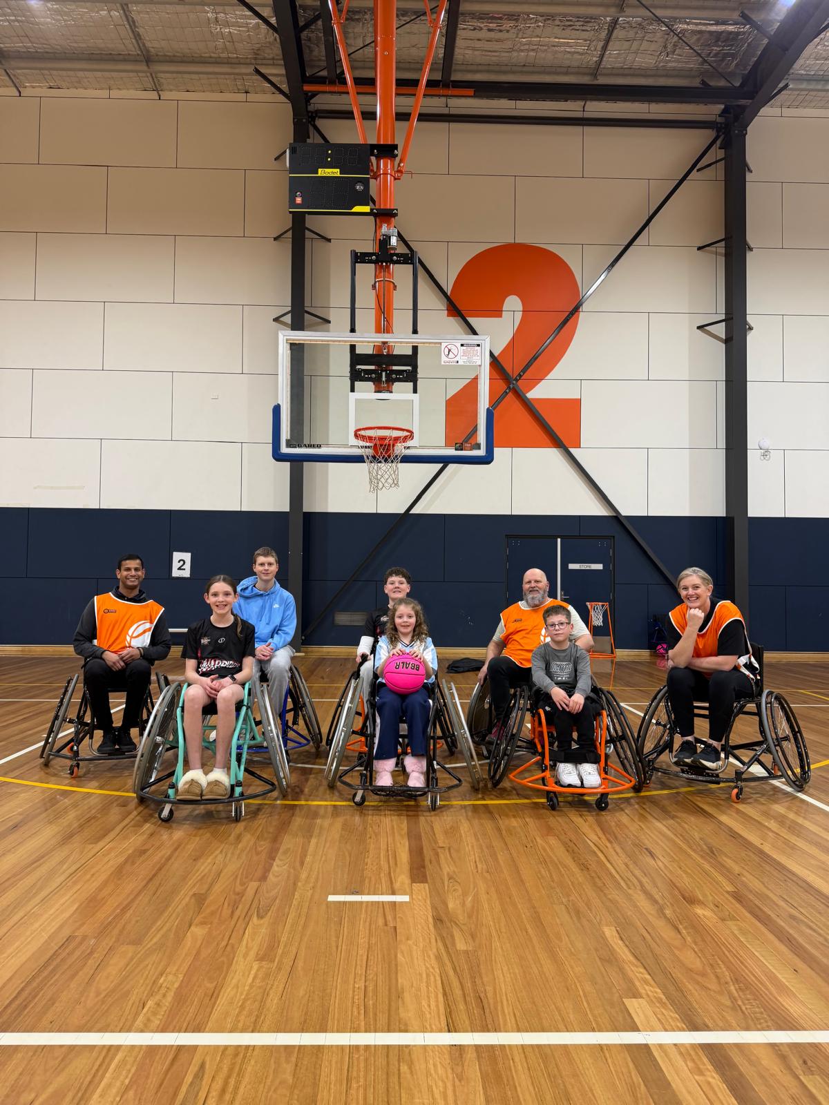 Wheelchair Hoops participants on court at Warragul Leisure Centre
